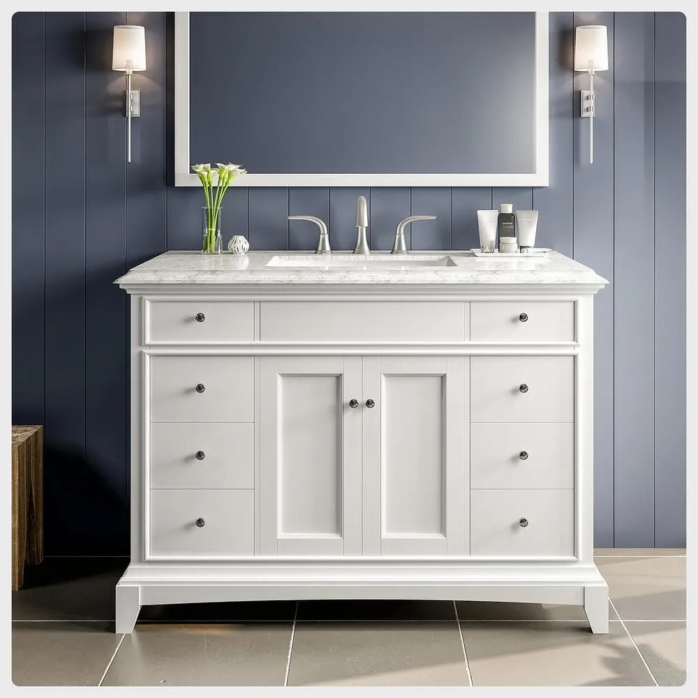 Eviva Elite Princeton 48 in. W x 24 in. D x 34 in. H Bath Vanity in White with White Carrera Marble Top with White Sink, photo 2 of 3