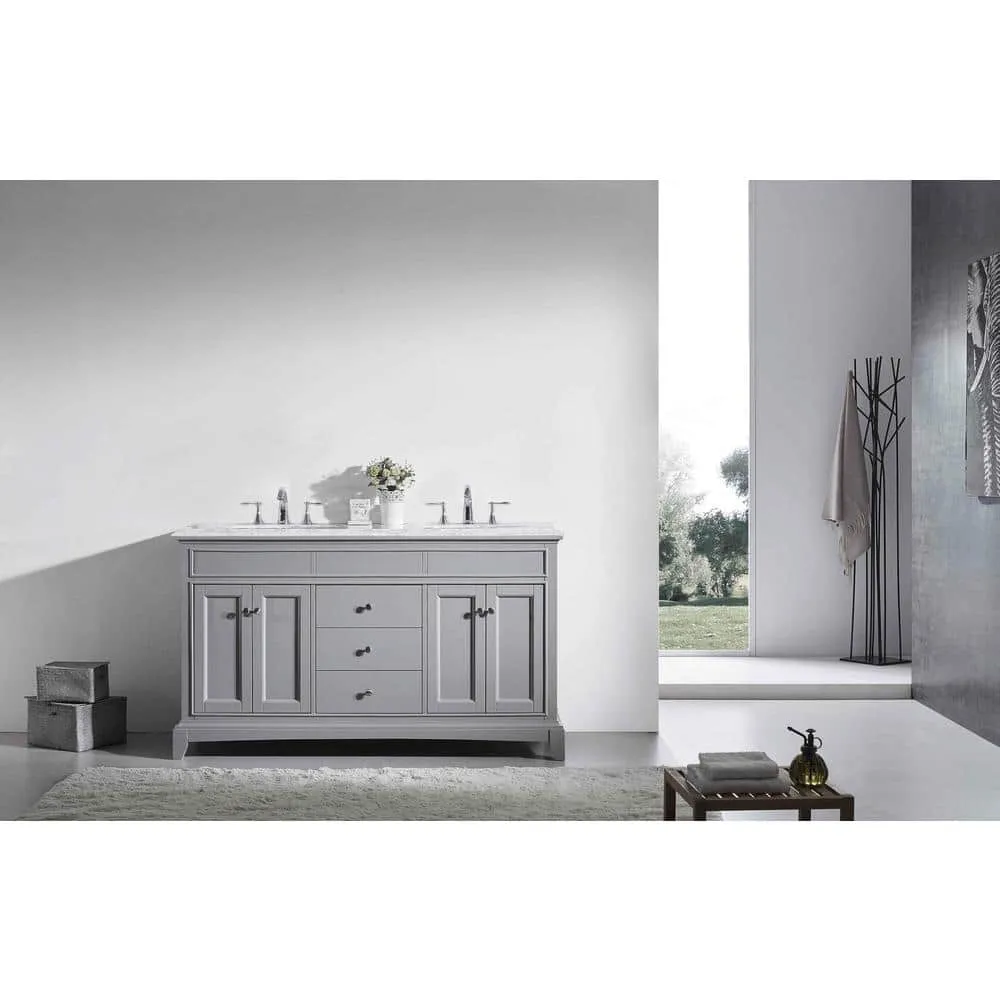 Eviva Elite Princeton 72 in. W x 24 in. D x 34 in. H Double Bath Vanity in Gray with White Carrara Marble Top and White Undermount Sinks, photo 3 of 3