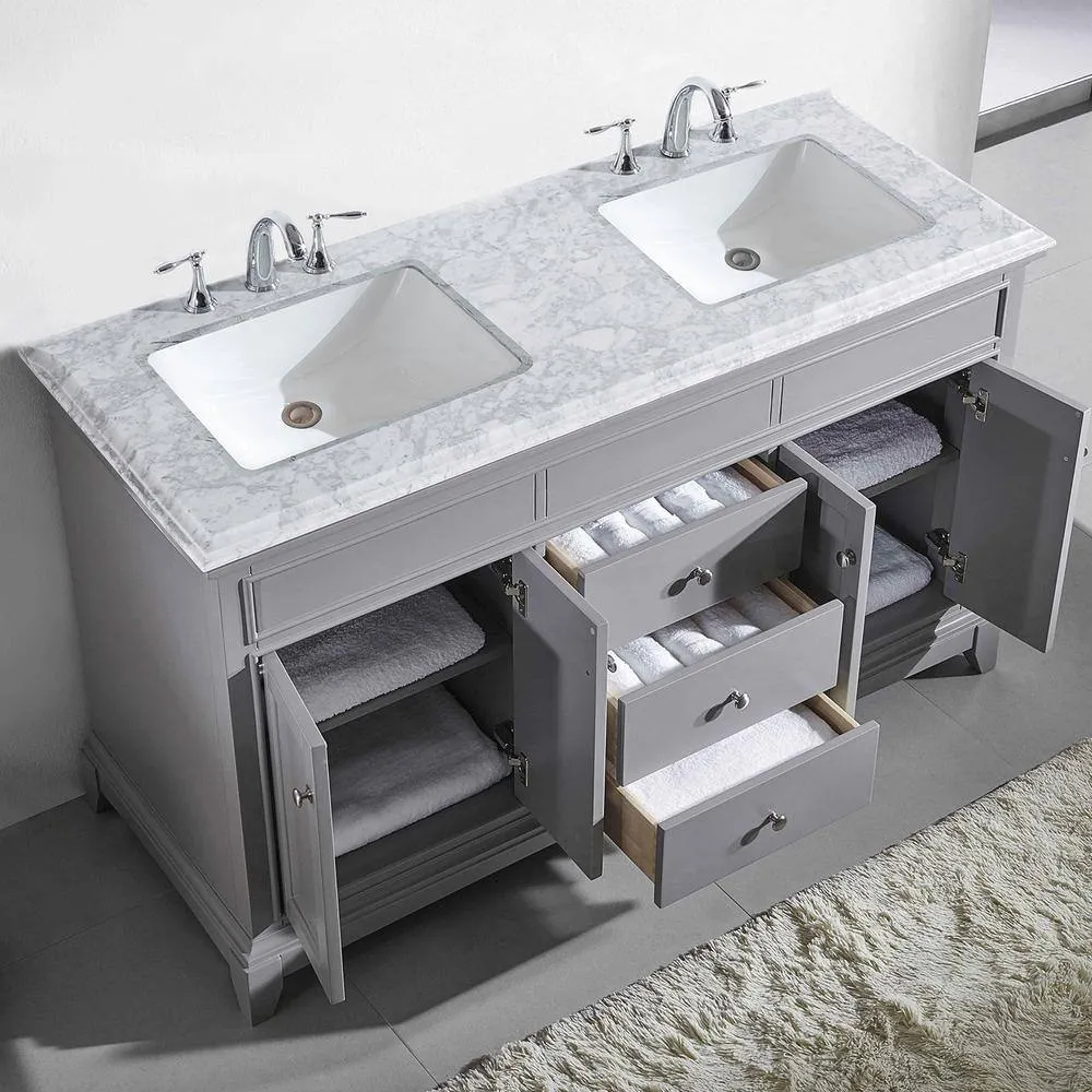 Eviva Elite Princeton 72 in. W x 24 in. D x 34 in. H Double Bath Vanity in Gray with White Carrara Marble Top and White Undermount Sinks, photo 2 of 3