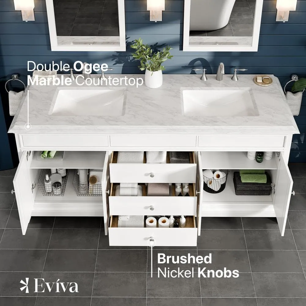 Eviva Elite Princeton 72 in. W X 24 in. D X 34 in. H Double Bath Vanity in White with White Carrara Marble Top, photo 3 of 3