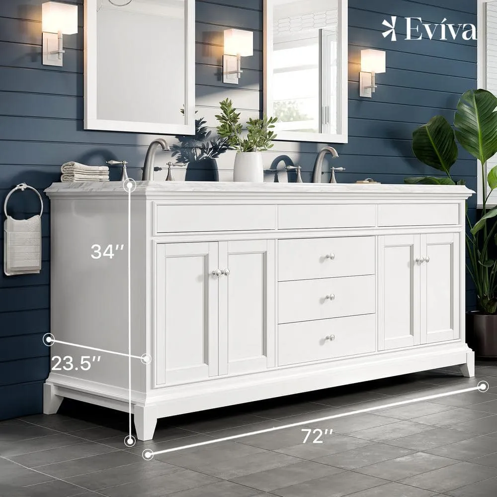 Eviva Elite Princeton 72 in. W X 24 in. D X 34 in. H Double Bath Vanity in White with White Carrara Marble Top, photo 2 of 3