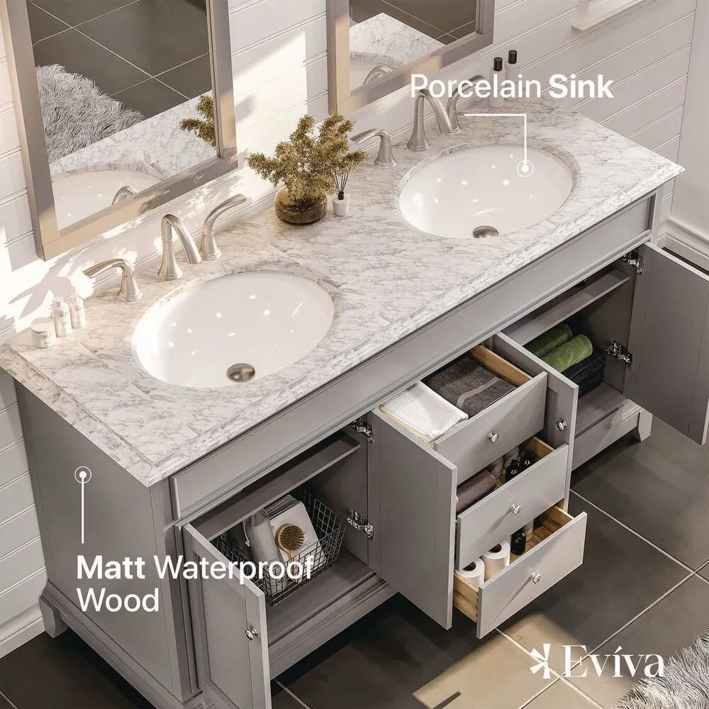 Eviva Elite Stamford 60 in. W x 24 in. D x 36 in. H Double Bath Vanity in Teak with Crema Marfil Marble Top, photo 5 of 8