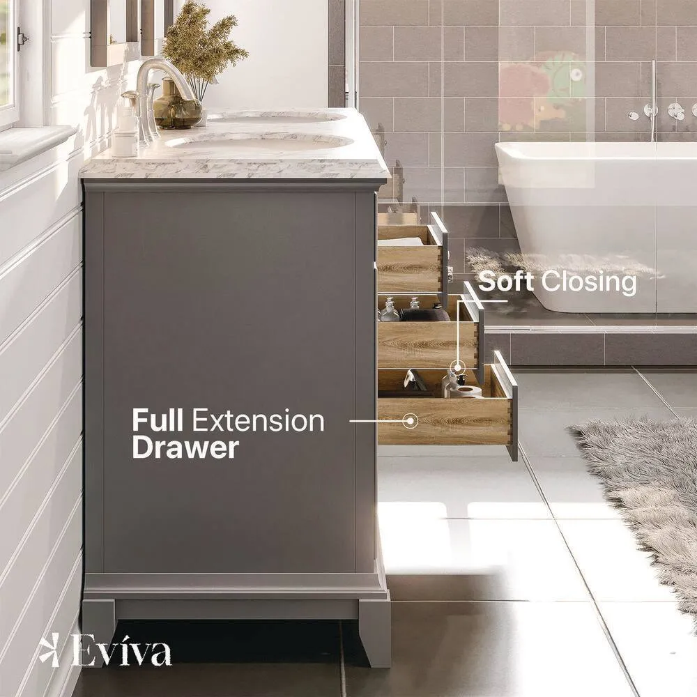 Eviva Elite Stamford 60 in. W x 24 in. D x 36 in. H Double Bath Vanity in Teak with Crema Marfil Marble Top, photo 6 of 8