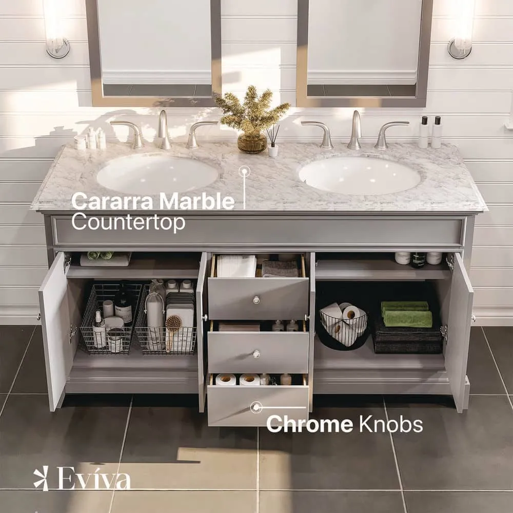 Eviva Elite Stamford 60 in. W x 24 in. D x 36 in. H Double Bathroom Vanity in Gray with White Carrara Marble Top and White Undermount Sinks, photo 4 of 8