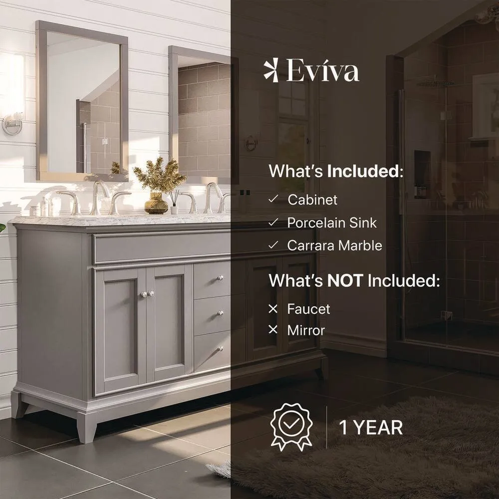 Eviva Elite Stamford 60 in. W x 24 in. D x 36 in. H Double Bathroom Vanity in Gray with White Carrara Marble Top and White Undermount Sinks, photo 8 of 8