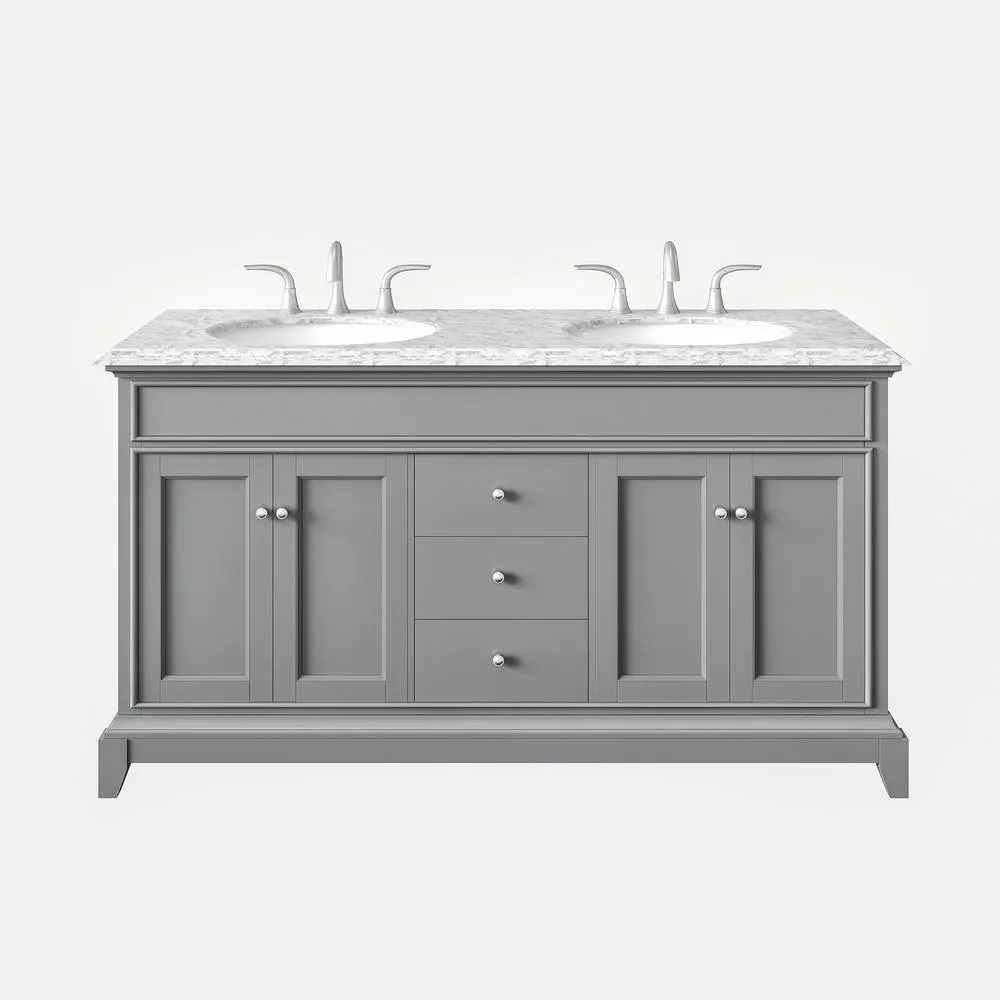 Eviva Elite Stamford 60 in. W x 24 in. D x 36 in. H Double Bath Vanity in Teak with Crema Marfil Marble Top, photo 2 of 8