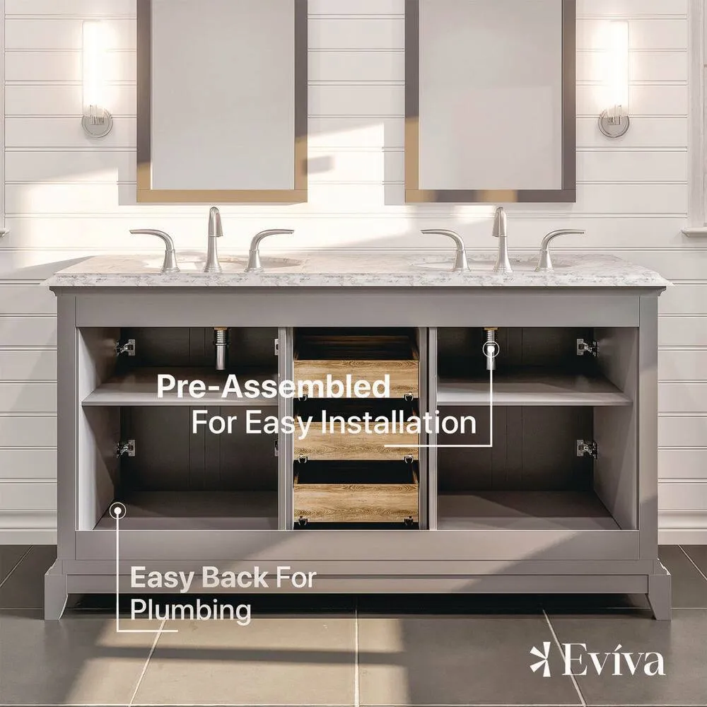 Eviva Elite Stamford 60 in. W x 24 in. D x 36 in. H Double Bathroom Vanity in Gray with White Carrara Marble Top and White Undermount Sinks, photo 7 of 8