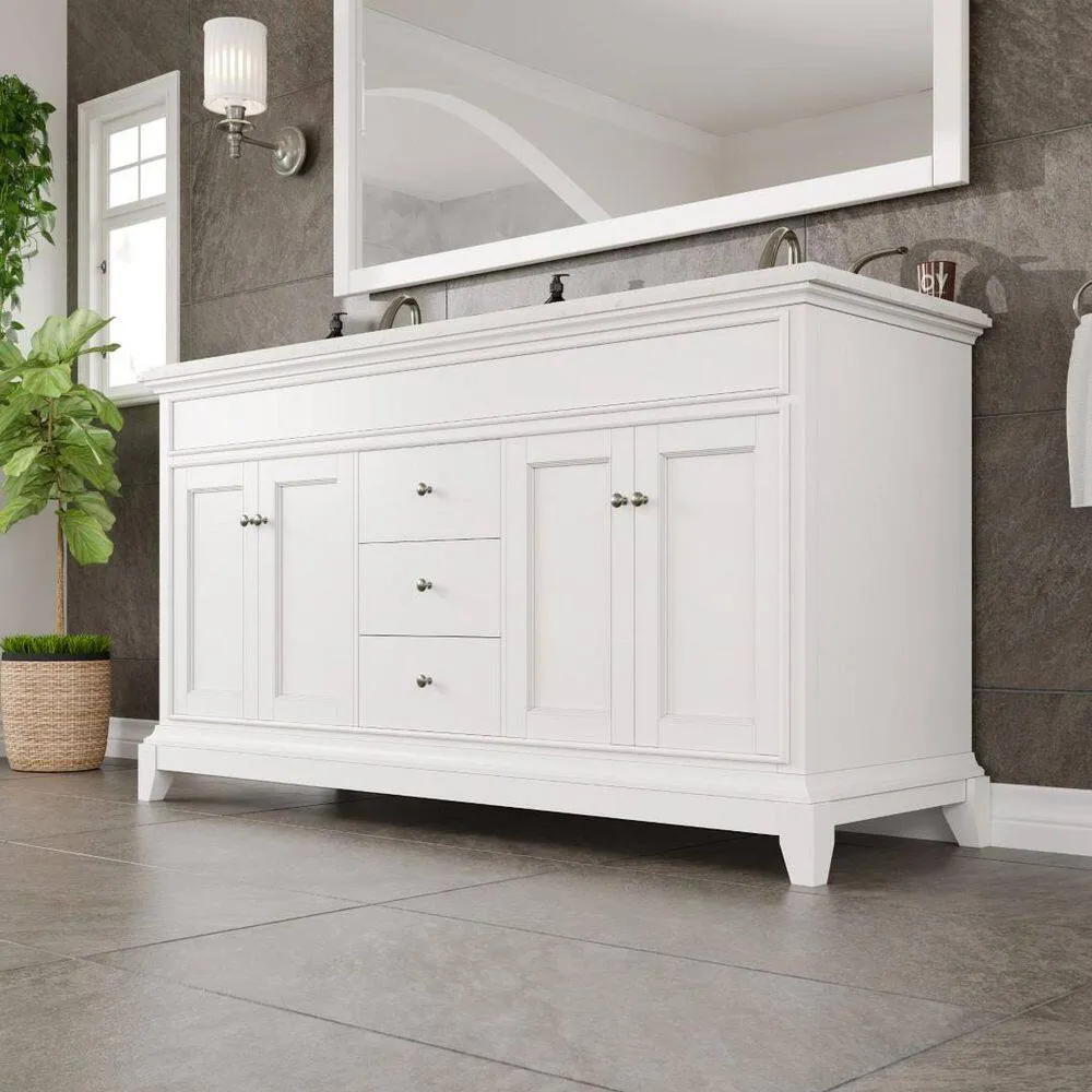 Eviva Elite Stamford 60 in. W x 24 in. D x 36 in. H Double Bath Vanity in White with White Carrara Marble Top and White Undermount Sinks, photo 5 of 8
