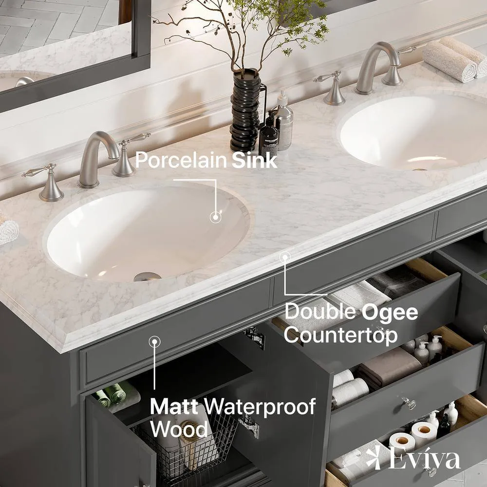 Eviva Elite Stamford 72 in. W x 24 in. D x 36 in. H Double Bathroom Vanity in Gray with White Carrara Marble Top and White Undermount Sinks, photo 5 of 8