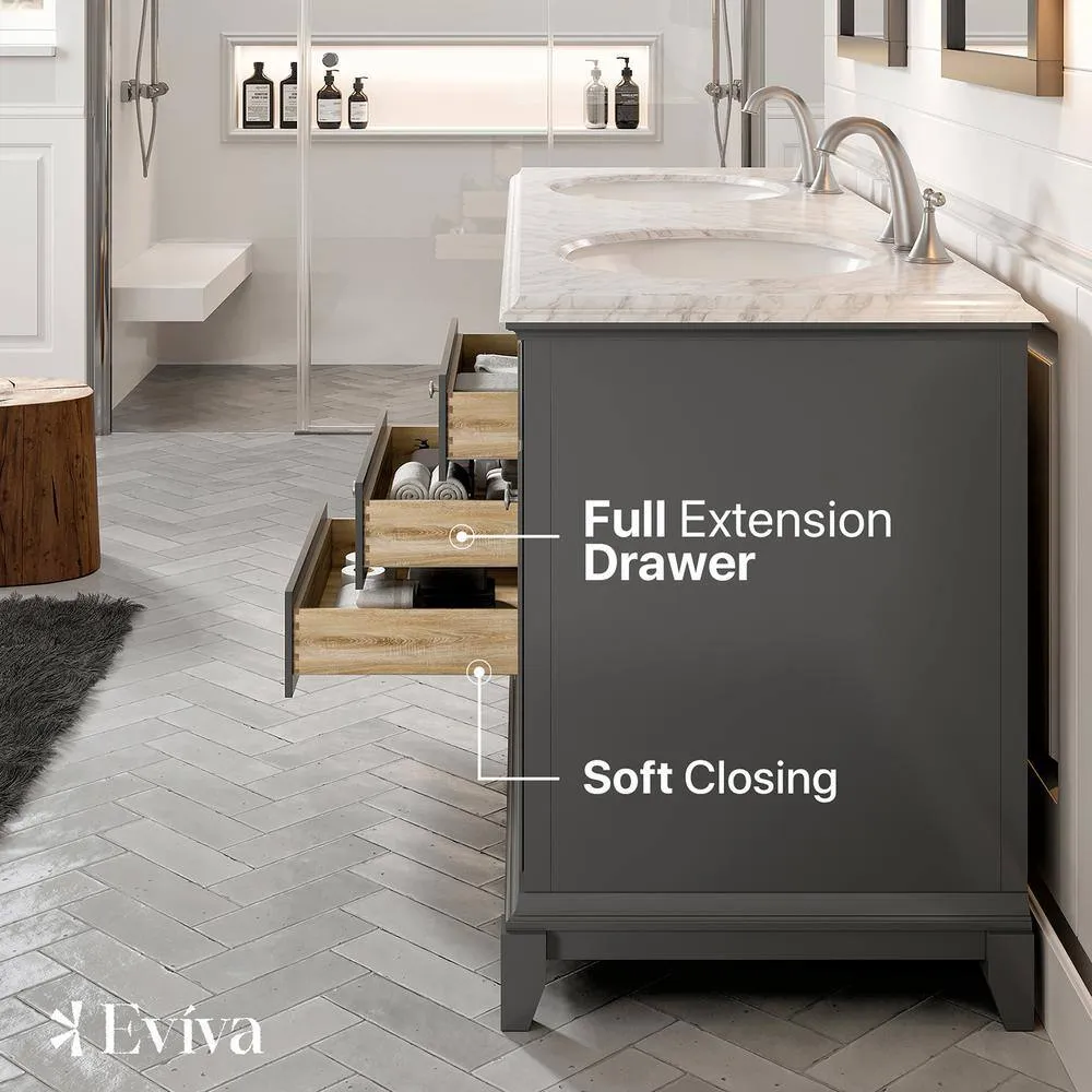 Eviva Elite Stamford 72 in. W x 24 in. D x 36 in. H Double Bathroom Vanity in Gray with White Carrara Marble Top and White Undermount Sinks, photo 6 of 8