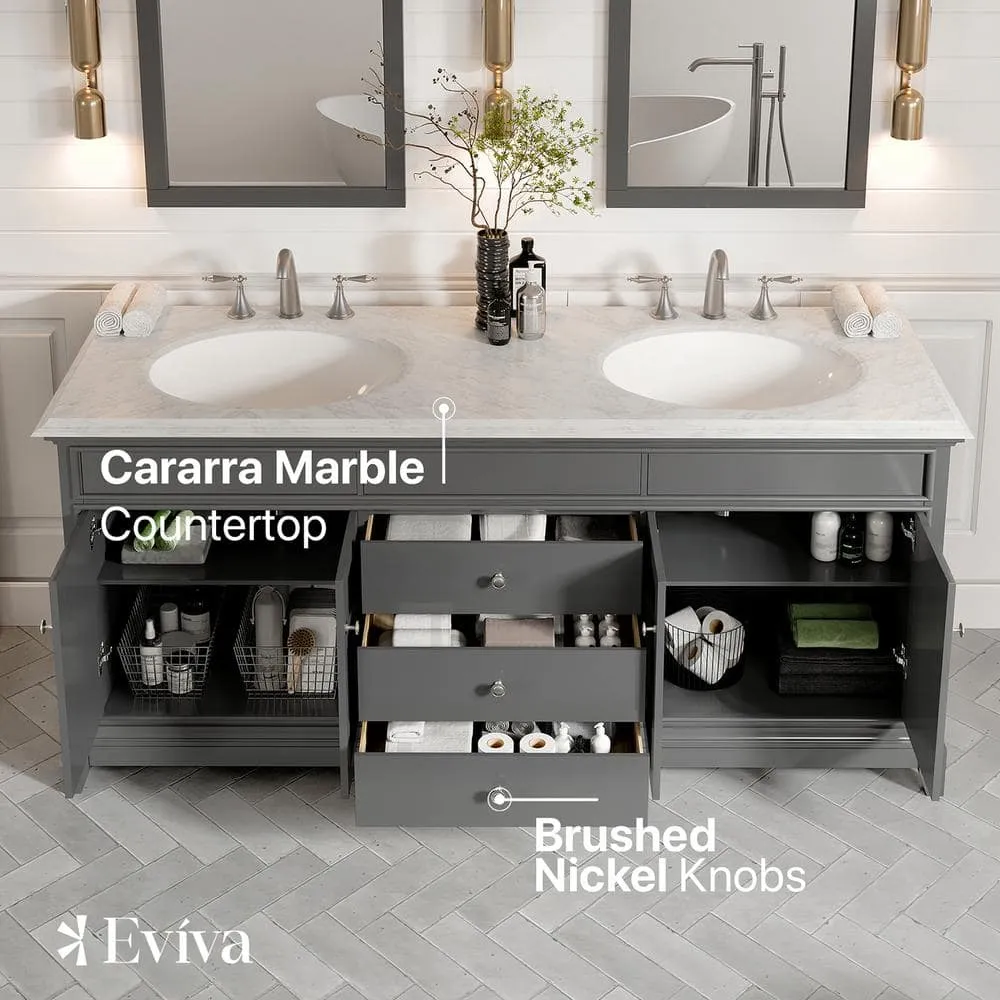 Eviva Elite Stamford 72 in. W x 24 in. D x 36 in. H Double Bathroom Vanity in Gray with White Carrara Marble Top and White Undermount Sinks, photo 4 of 8