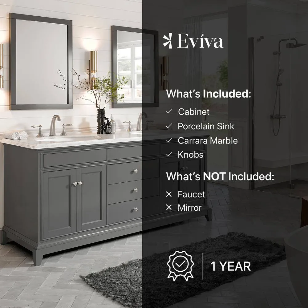Eviva Elite Stamford 72 in. W x 24 in. D x 36 in. H Double Bathroom Vanity in Gray with White Carrara Marble Top and White Undermount Sinks, photo 8 of 8