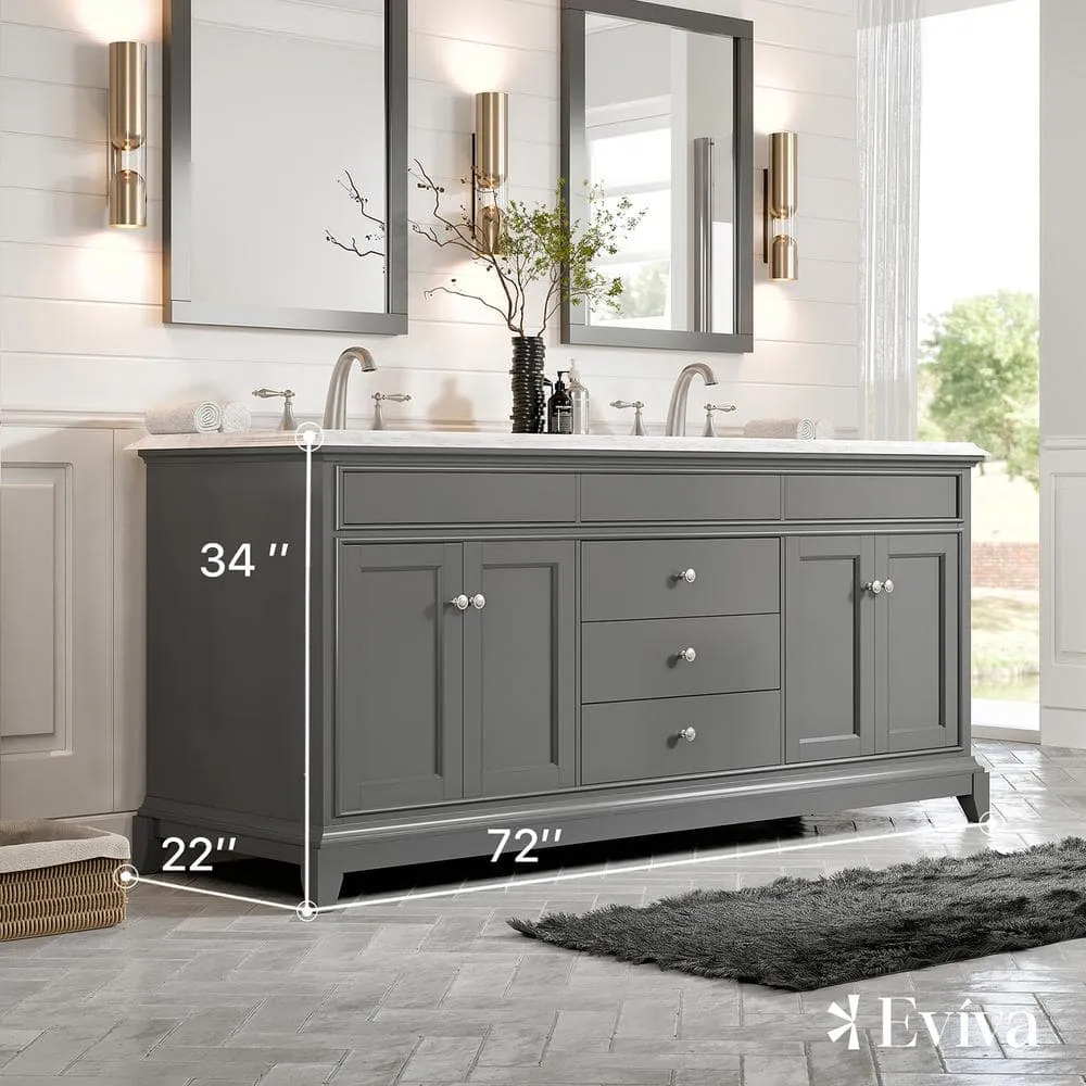 Eviva Elite Stamford 72 in. W x 24 in. D x 36 in. H Double Bathroom Vanity in Gray with White Carrara Marble Top and White Undermount Sinks, photo 3 of 8