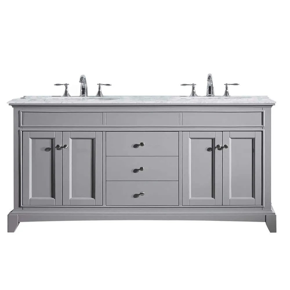 Eviva Elite Stamford 72 in. W x 24 in. D x 36 in. H Double Bathroom Vanity in Gray with White Carrara Marble Top and White Undermount Sinks, photo 2 of 8