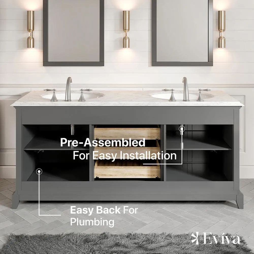 Eviva Elite Stamford 72 in. W x 24 in. D x 36 in. H Double Bathroom Vanity in Gray with White Carrara Marble Top and White Undermount Sinks, photo 7 of 8