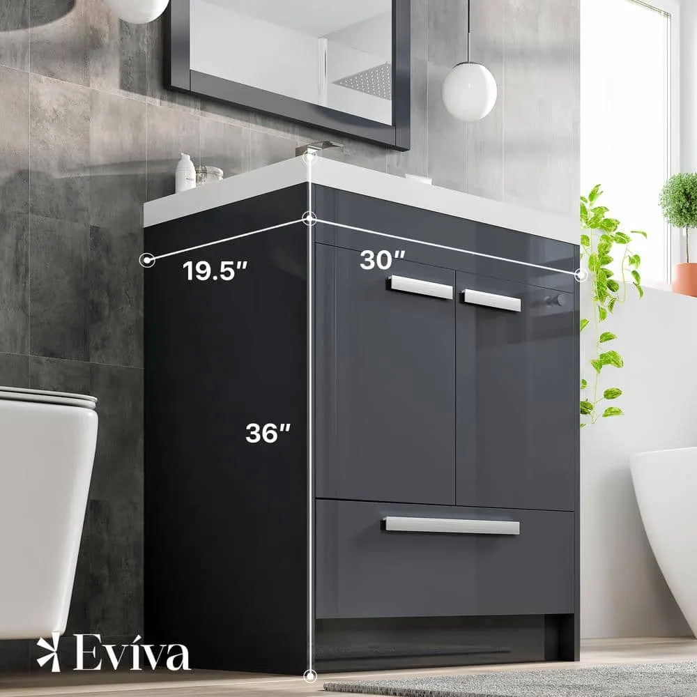 Eviva Lugano 30 in. W x 19 in. D x 36 in. H Single Bath Vanity in Gray with White Acrylic Top with White Integrated Sink, photo 3 of 3
