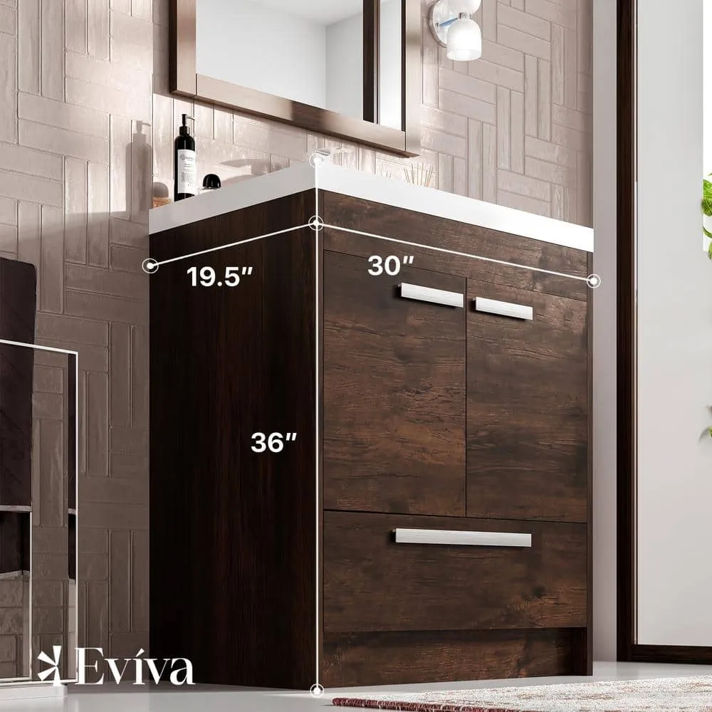 Eviva Lugano 30 in. W x 19 in. D x 36 in. H Single Bath Vanity in Rosewood with White Acrylic Top with White Integrated Sink, photo 3 of 3