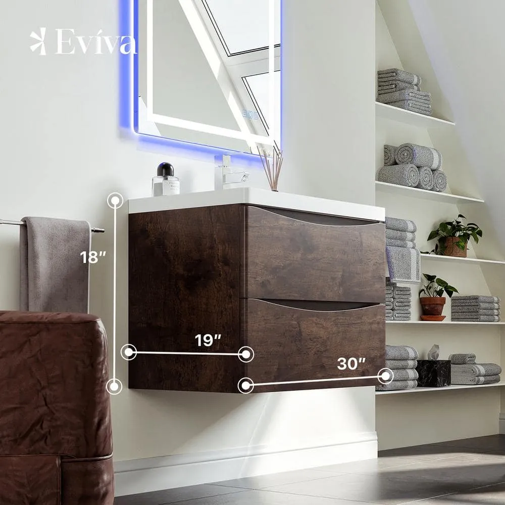 Eviva Smile 30 in. W x 19 in. D x 18 in. H Single Bath Vanity Floating in Rosewood with White Acrylic Top with White Sink, photo 3 of 3