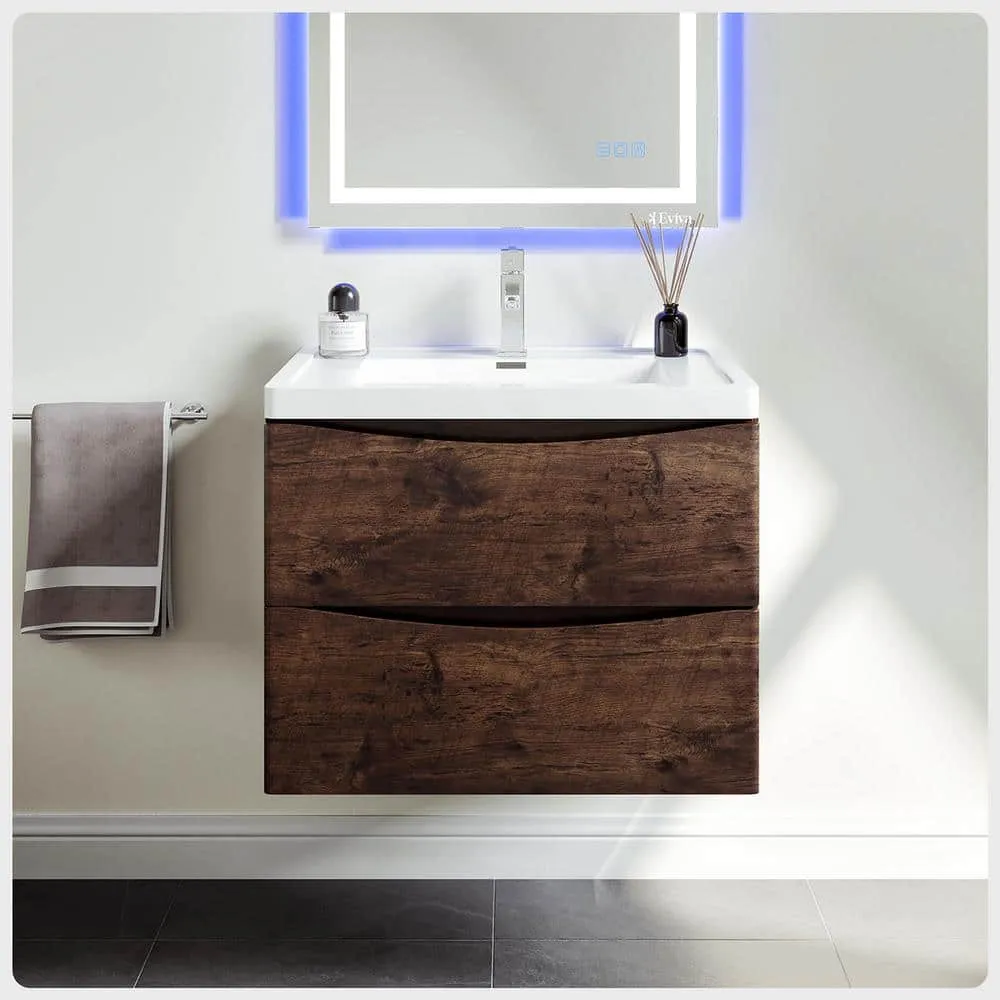 Eviva Smile 30 in. W x 19 in. D x 18 in. H Single Bath Vanity Floating in Rosewood with White Acrylic Top with White Sink, photo 2 of 3