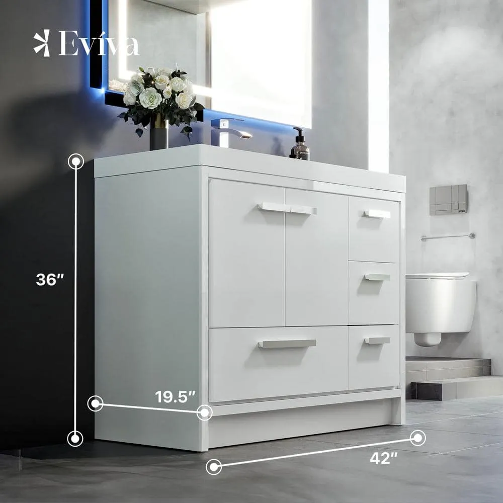 Eviva Grace 42 in. W x 20 in. D x 36 in. H Bathroom Vanity in White with White Acrylic Vanity Top with White Sink, photo 3 of 3