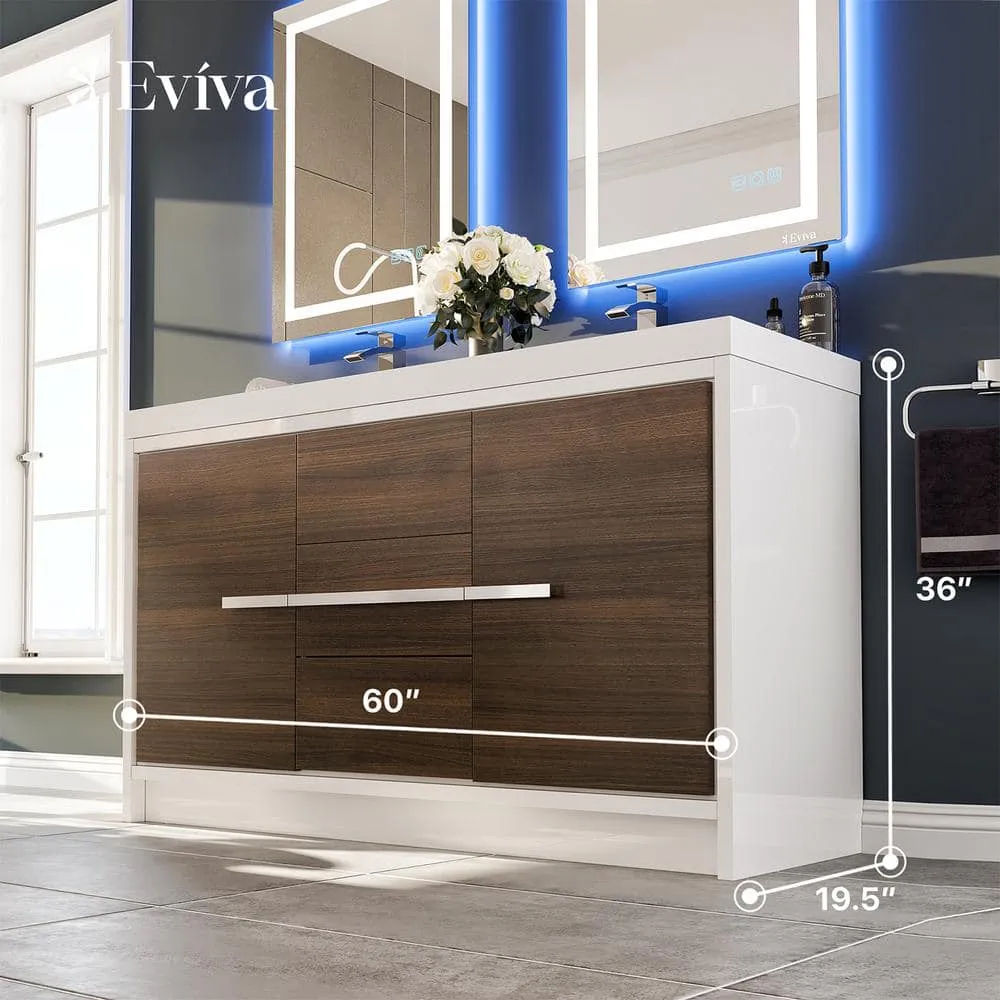 Eviva Grace 60 in. W x 20 in. D x 36 in. H Double Bathroom Vanity in Gray Oak with White Acrylic Top with White Sinks, photo 3 of 3