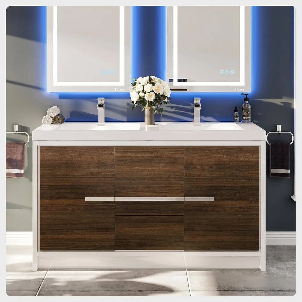 Eviva Grace 60 in. W x 20 in. D x 36 in. H Double Bathroom Vanity in Gray Oak with White Acrylic Top with White Sinks, photo 2 of 3