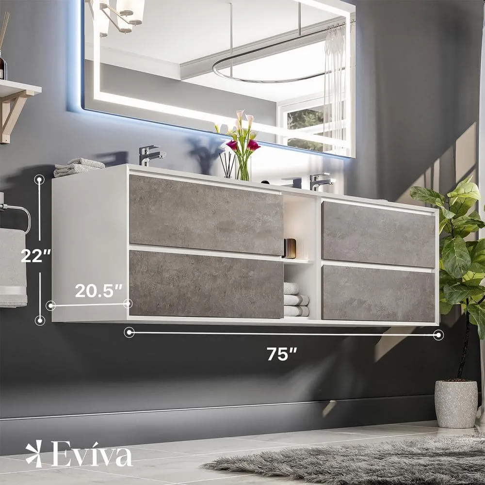 Eviva 75 in. W x 20.5 in. D x 22.5 in. H Floating Double Sinks Bath Vanity in Cement Gray with White Acrylic Top, photo 3 of 3
