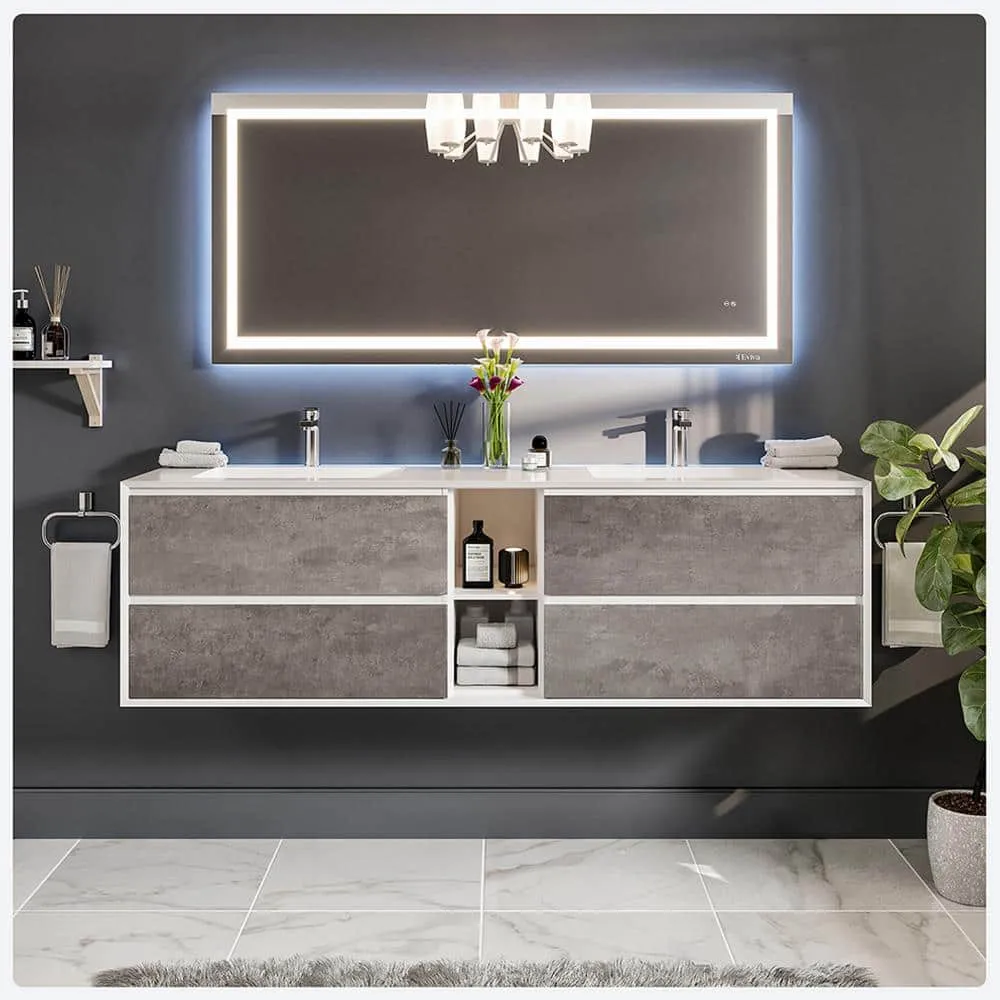 Eviva 75 in. W x 20.5 in. D x 22.5 in. H Floating Double Sinks Bath Vanity in Cement Gray with White Acrylic Top, photo 2 of 3