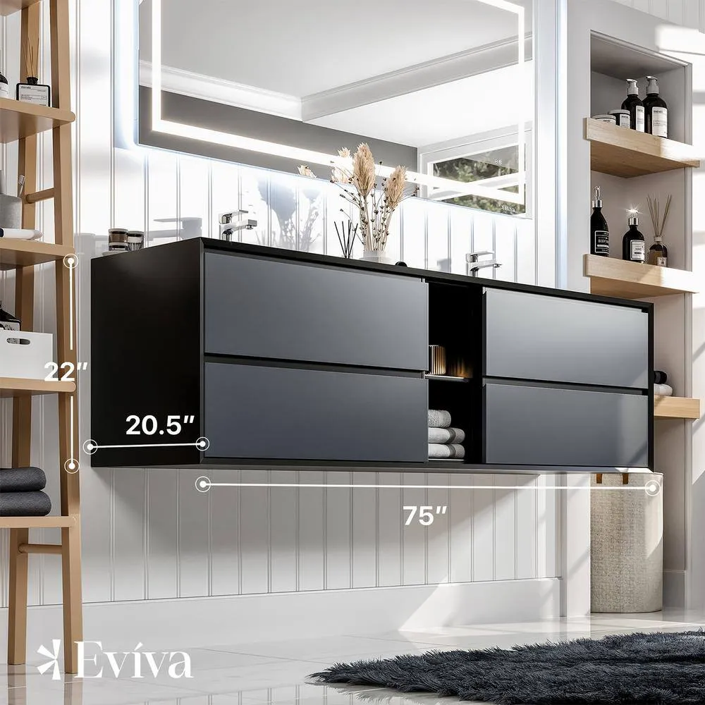 Eviva Vienna 75 in. W x 20.5 in. D x 22.5 in. H Floating Double Bathroom Vanity in Gray with Black Acrylic Top, photo 3 of 3