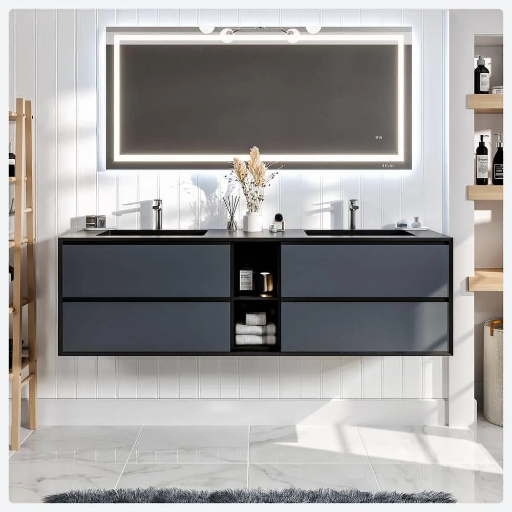 Eviva Vienna 75 in. W x 20.5 in. D x 22.5 in. H Floating Double Bathroom Vanity in Gray with Black Acrylic Top, photo 2 of 3