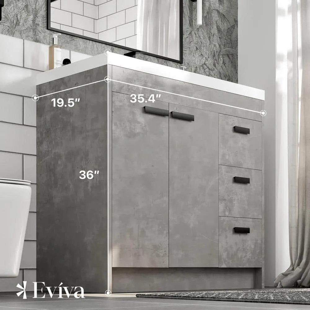 Eviva Lugano 36 in. W x 19 in. D x 36 in. H Single Bath Vanity in Cement Gray W/ White Acrylic Top with White Integrated Sink, photo 3 of 3
