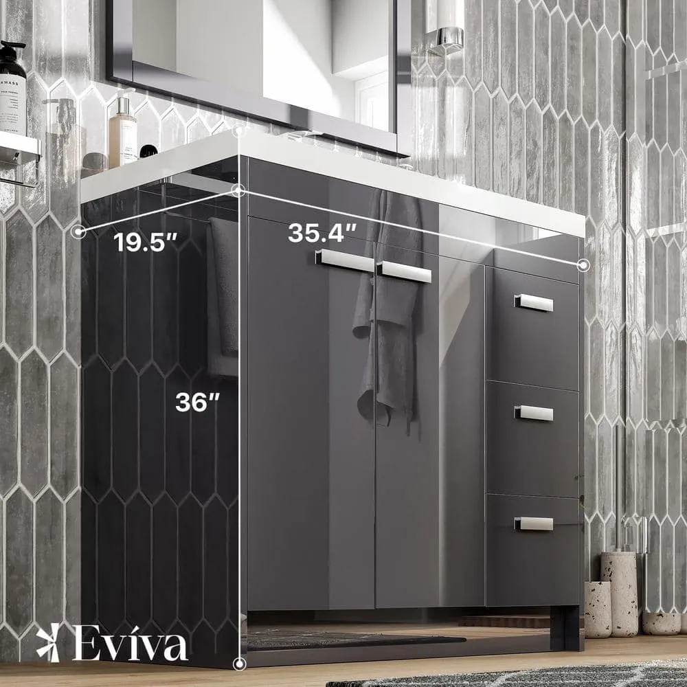 Eviva Lugano 36 in. W x 19 in. D x 36 in. H Single Bath Vanity in Gray with White Acrylic Top and White Integrated Sink, photo 3 of 3