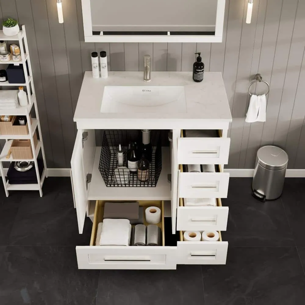 Eviva Loon 30 in. W x 22 in. D x 34 in. H Bathroom Vanity in White with White Carrara Quartz Top with White Sink, photo 2 of 3