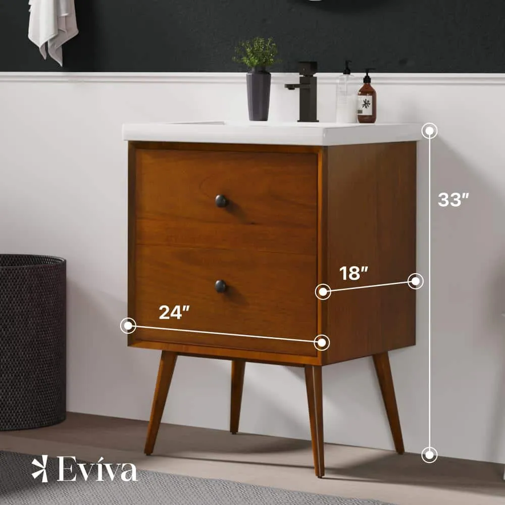 Eviva Caramel 24 in. W x 18 in. D x 34 in. H Single Sink Bath Vanity in Teak with White Porcelain Integrated Vanity Top, photo 2 of 3