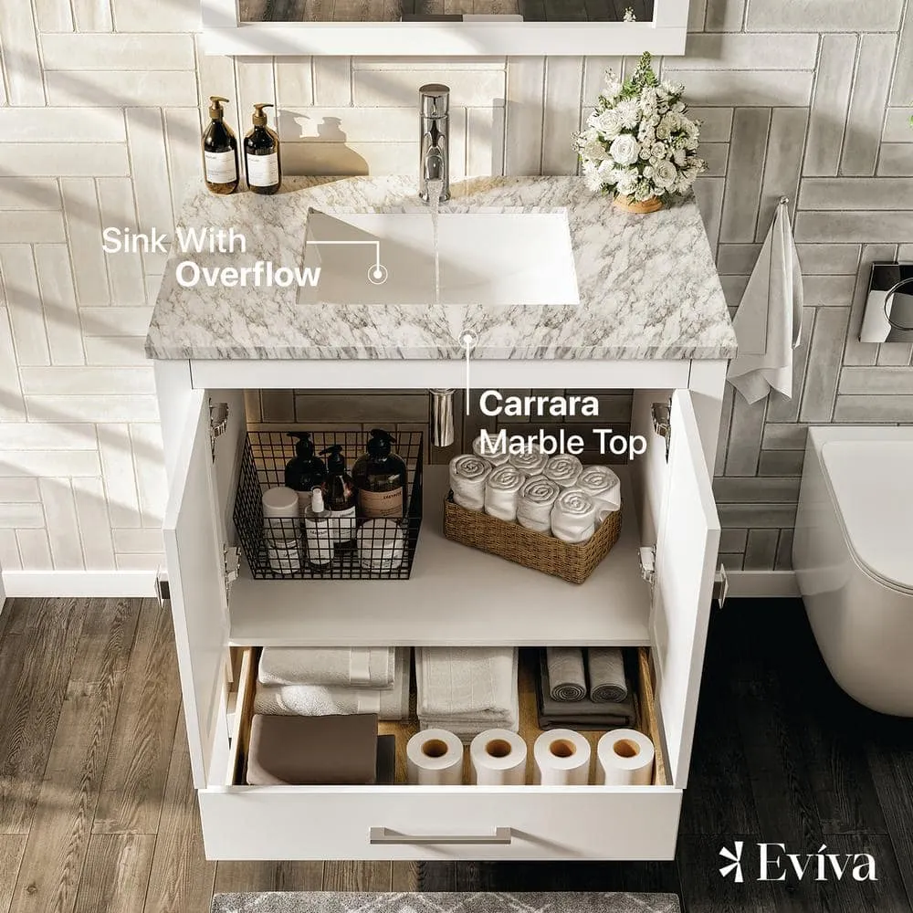 Eviva London 24 in. W x 18 in. D x 34 in. H Bathroom Vanity in White with White Carrara Marble Top with White Sink, photo 3 of 3