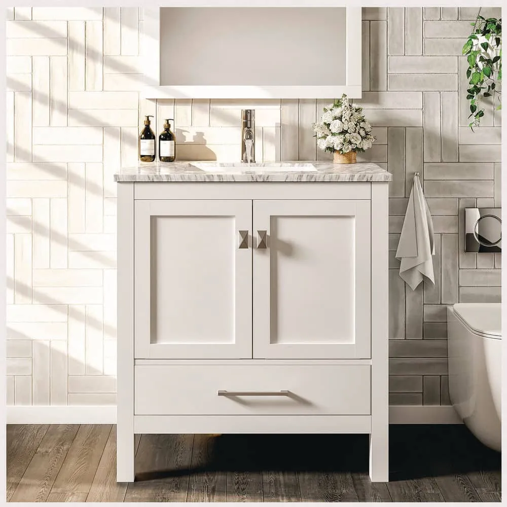 Eviva London 24 in. W x 18 in. D x 34 in. H Bathroom Vanity in White with White Carrara Marble Top with White Sink, photo 2 of 3
