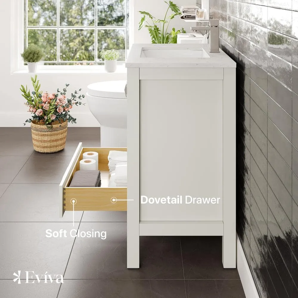 Eviva London 30 in. W x 18 in. D x 34 in. H Single Sink Freestanding Bath Vanity in White with White Carrara Quartz Top, photo 2 of 3