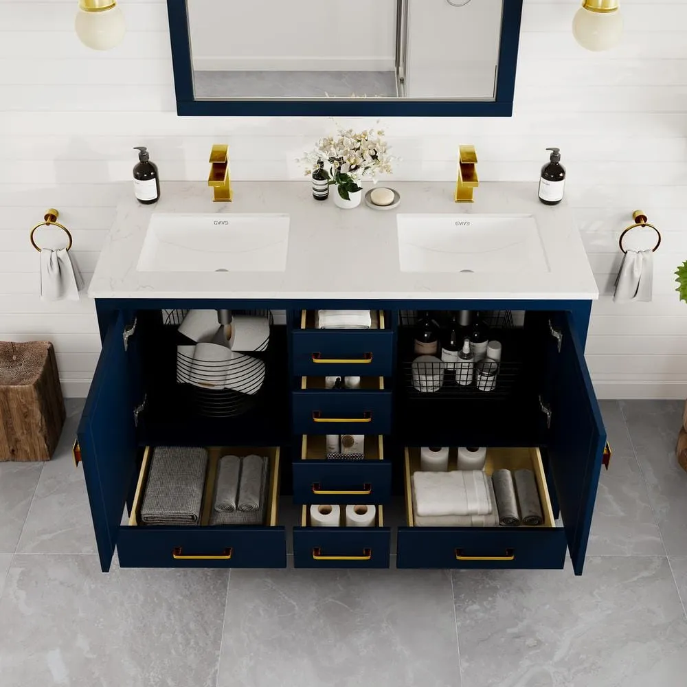 Eviva London 48 in. W x 18 in. D x 34 in. H Double Bathroom Vanity in Blue with White Carrara Marble Top and White Undermount Sinks, photo 7 of 8