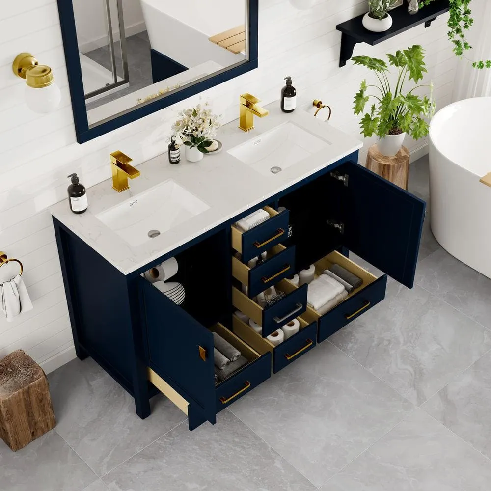 Eviva London 48 in. W x 18 in. D x 34 in. H Double Bathroom Vanity in Blue with White Carrara Marble Top and White Undermount Sinks, photo 5 of 8