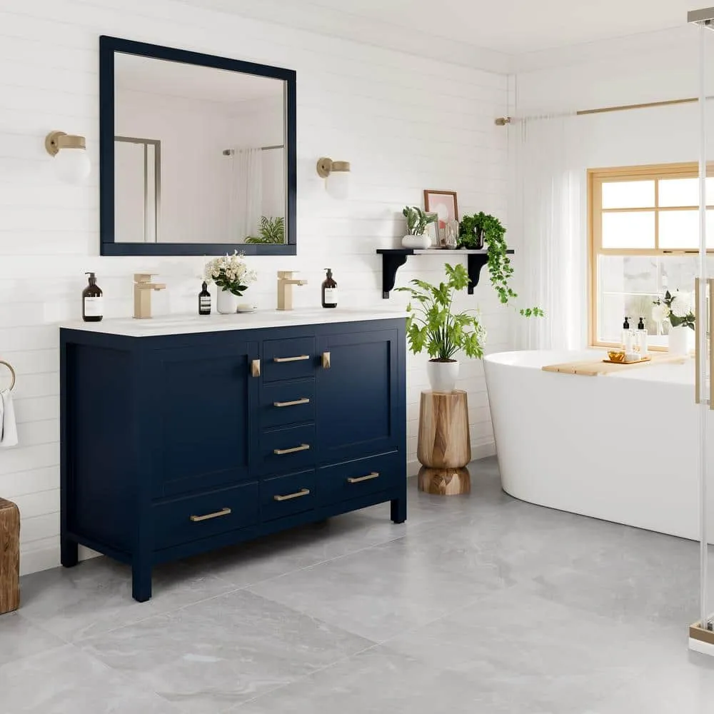 Eviva London 48 in. W x 18 in. D x 34 in. H Double Bathroom Vanity in Blue with White Carrara Marble Top and White Undermount Sinks, photo 6 of 8