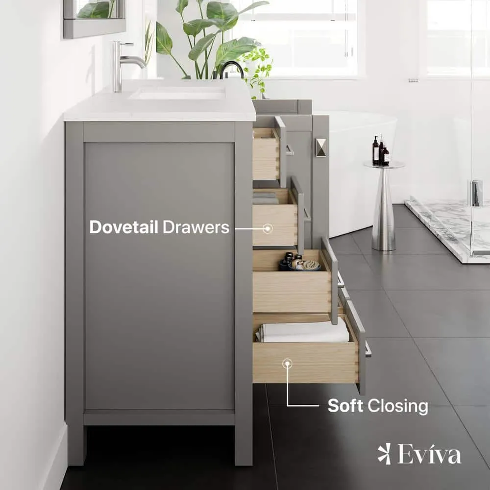 Eviva London 48 in. W x 18 in. D x 34 in. H Single Sink Freestanding Bath Vanity in Gray with White Carrara Quartz Top, photo 2 of 3