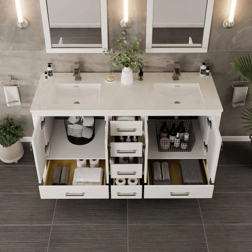Eviva London 60 in. W x 18 in. D x 34 in. H Double Bathroom Vanity in Gray with White Carrara Marble Top and White Sinks, photo 7 of 8