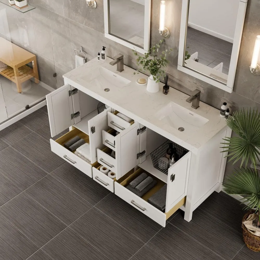 Eviva London 60 in. W x 18 in. D x 34 in. H Double Bathroom Vanity in Gray with White Carrara Marble Top and White Sinks, photo 8 of 8