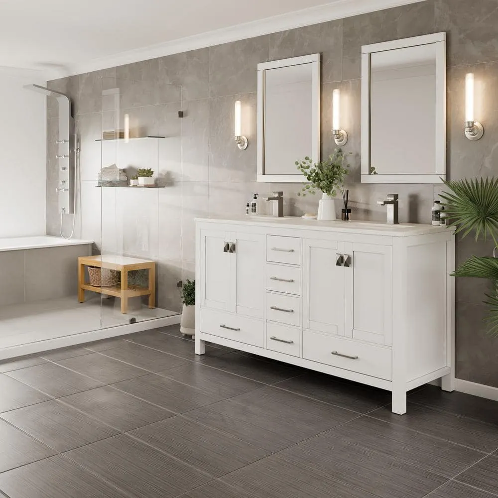 Eviva London 60 in. W x 18 in. D x 34 in. H Double Bathroom Vanity in Gray with White Carrara Marble Top and White Sinks, photo 6 of 8