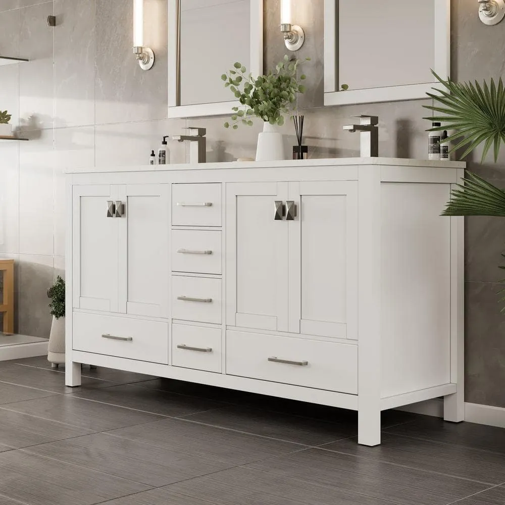 Eviva London 60 in. W x 18 in. D x 34 in. H Double Bathroom Vanity in Gray with White Carrara Marble Top and White Sinks, photo 4 of 8