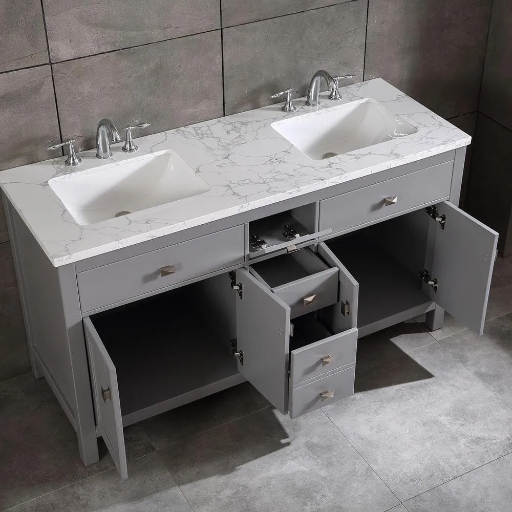Eviva Memphis 60 in. W x 22 in. D x 33.7 in. H Double Bathroom Vanity in Gray with White Carrara Style Stone Top with Sinks, photo 3 of 3