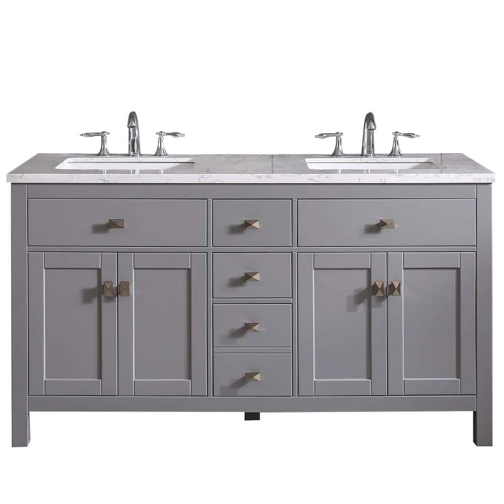 Eviva Memphis 60 in. W x 22 in. D x 33.7 in. H Double Bathroom Vanity in Gray with White Carrara Style Stone Top with Sinks, photo 2 of 3