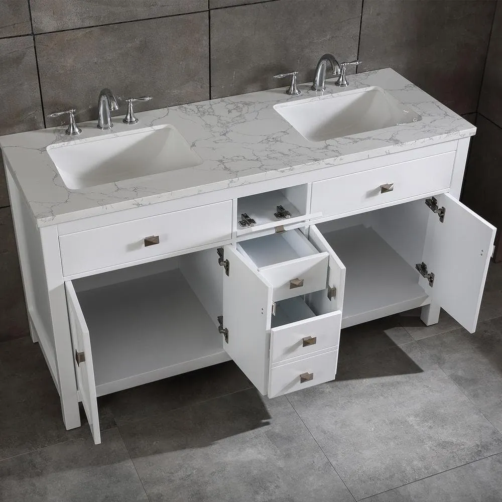 Eviva Memphis 60 in. W x 22 in. D x 33.7 in. H Double Bathroom Vanity in White with White Carrara Style Stone Top with Sinks, photo 3 of 3