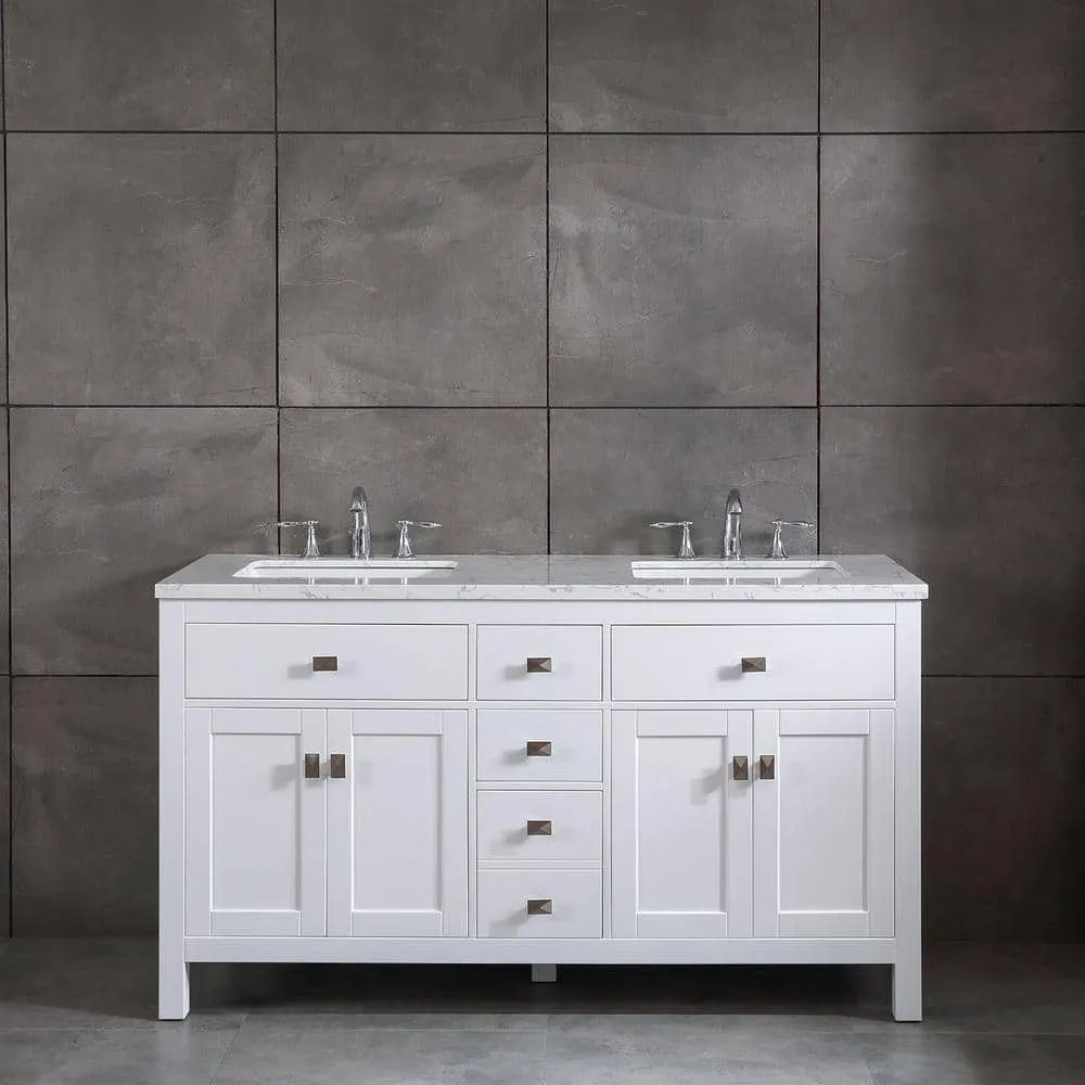 Eviva Memphis 60 in. W x 22 in. D x 33.7 in. H Double Bathroom Vanity in White with White Carrara Style Stone Top with Sinks, photo 2 of 3