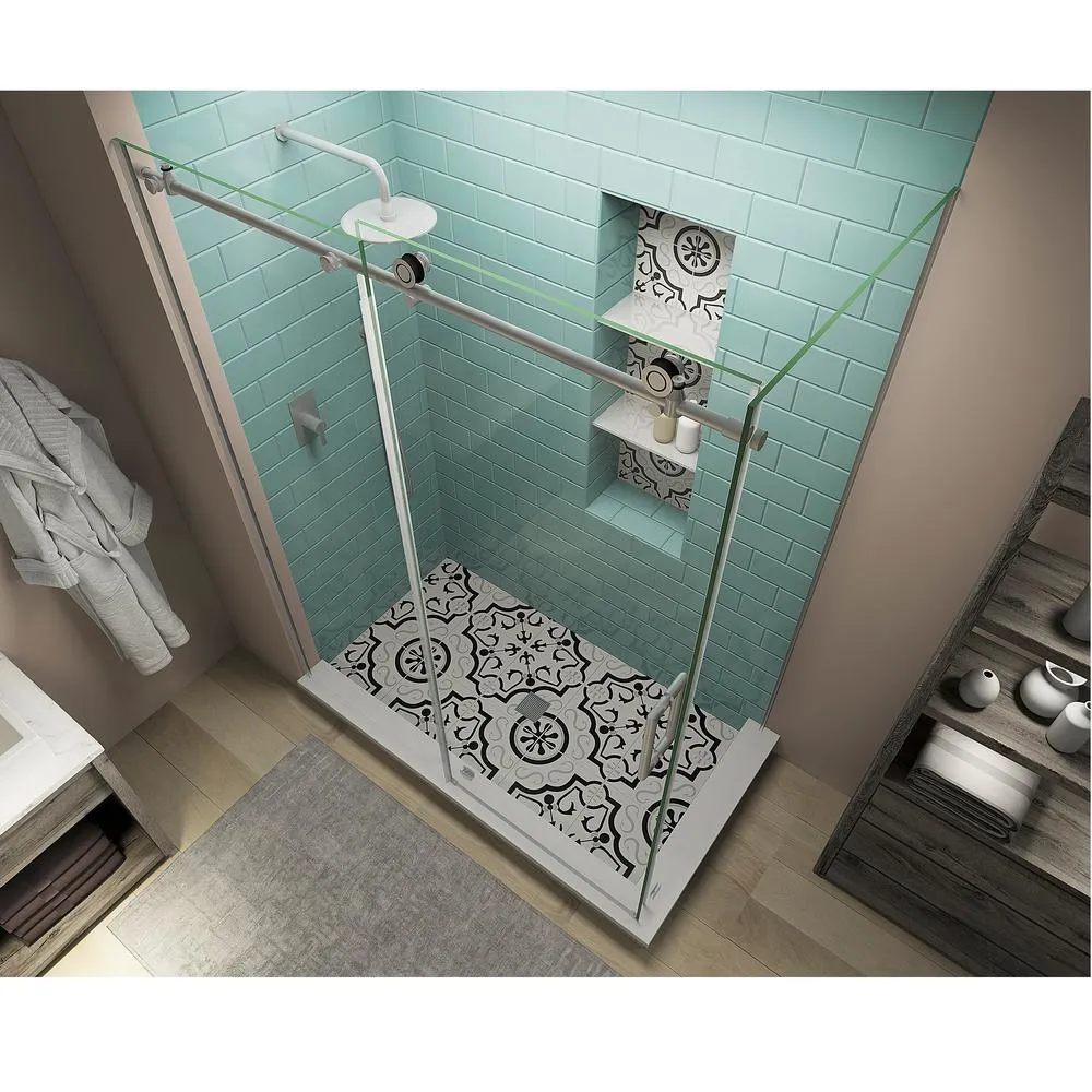 48 in. - 52 in. x 38 in. x 80 in. Frameless Corner Sliding Shower Enclosure Clear Glass in Stainless Steel Right, photo 2 of 6